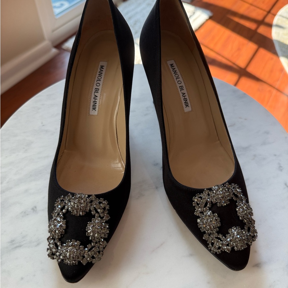 Manolo Blahnik Black Satin Hangisi Heels Size 38.5